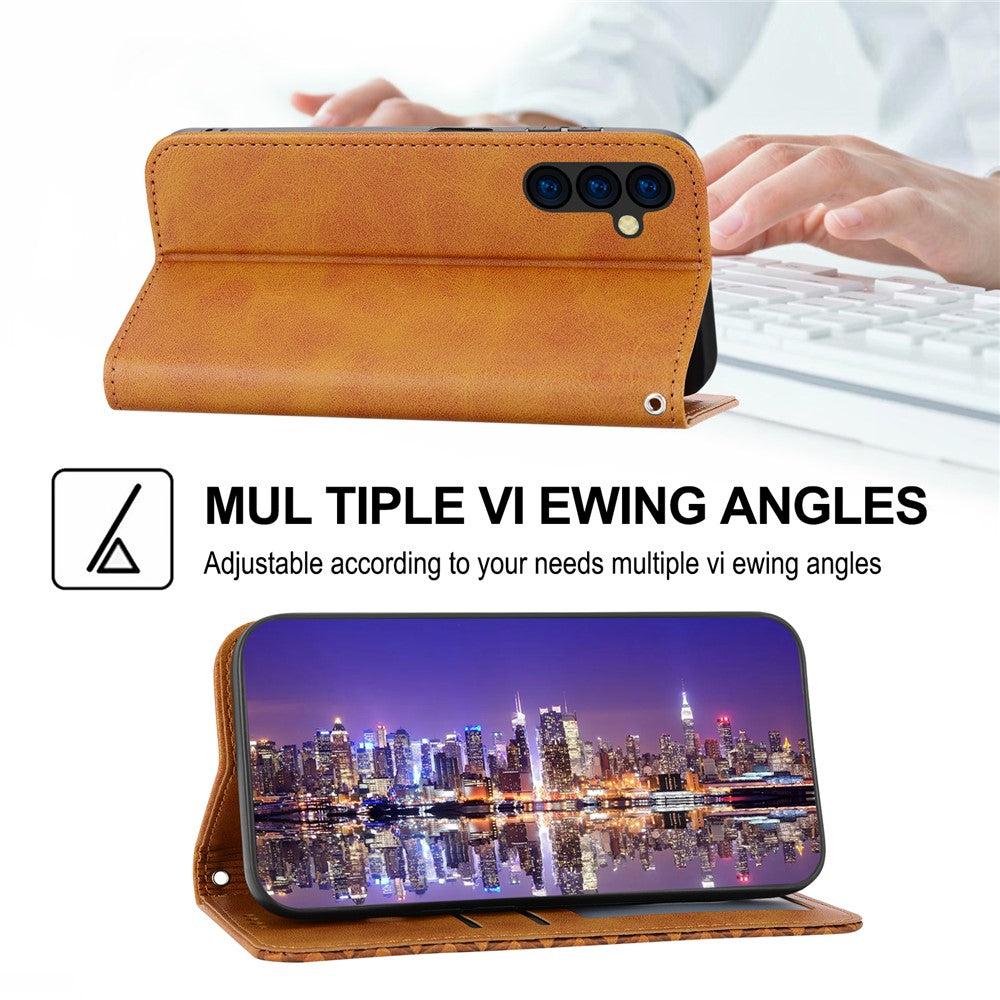 For Samsung Galaxy M14 5G Imprinted Rhombus Pattern Phone Shell Calf Texture PU Leather Stand Phone Case - Yellow