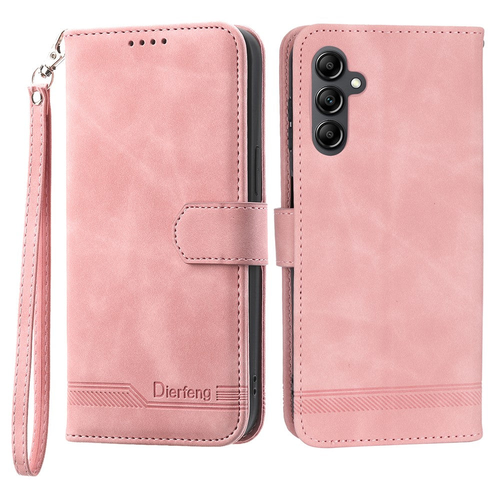 DIERFENG DF-03 For Samsung Galaxy M14 5G Wallet Phone Case Lines Imprinted Leather Flip Cover with Stand - Pink