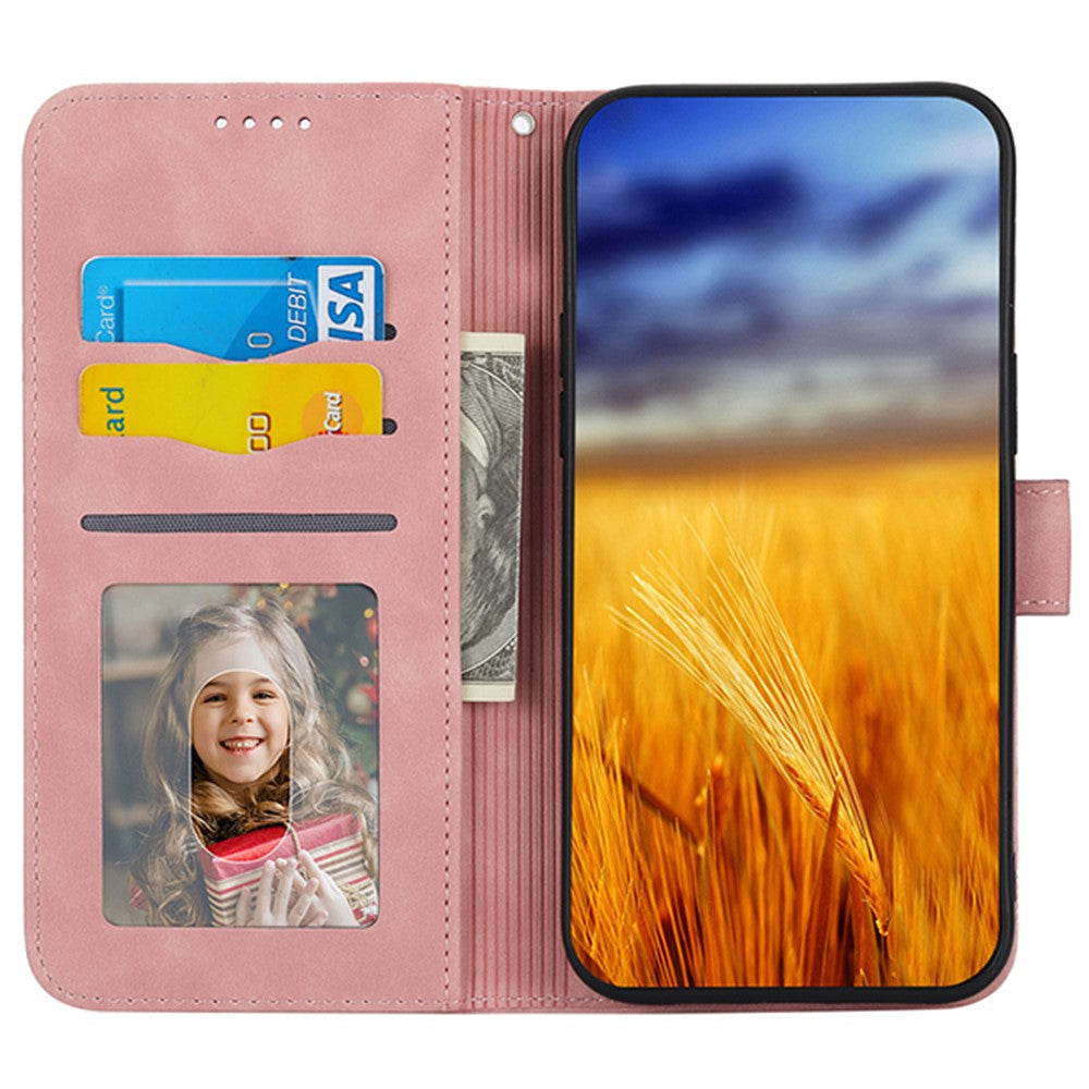DIERFENG DF-03 For Samsung Galaxy M14 5G Wallet Phone Case Lines Imprinted Leather Flip Cover with Stand - Pink