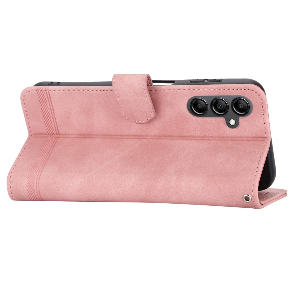 DIERFENG DF-03 For Samsung Galaxy M14 5G Wallet Phone Case Lines Imprinted Leather Flip Cover with Stand - Pink