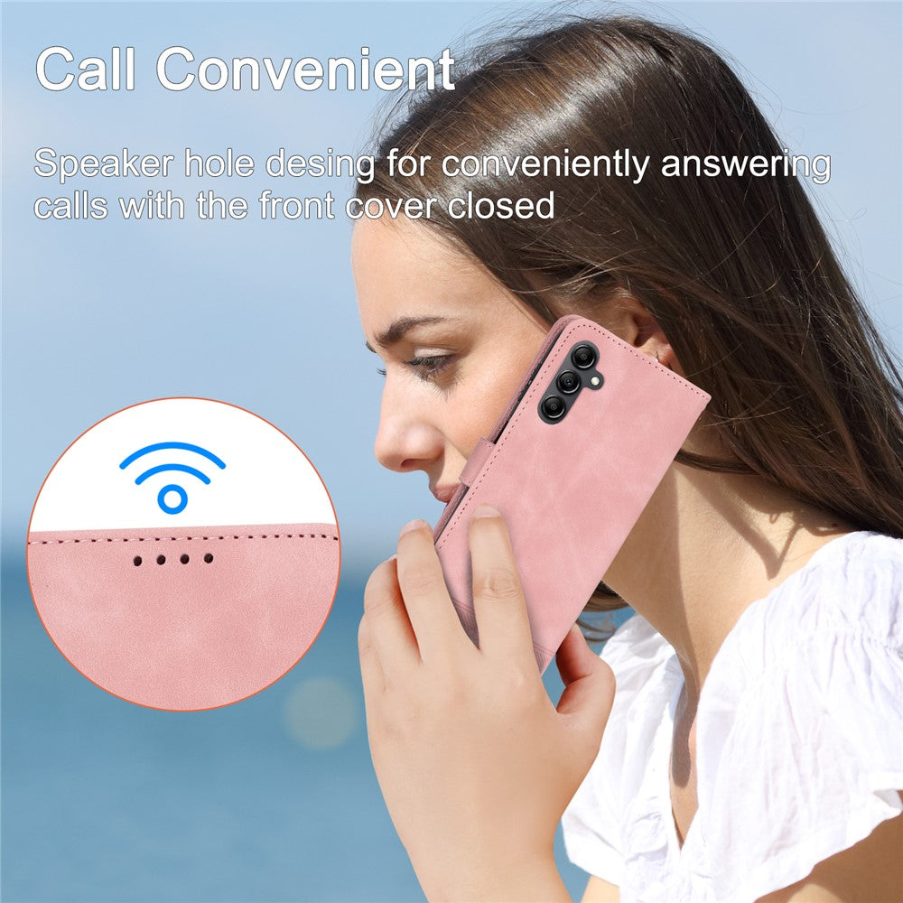 DIERFENG DF-03 For Samsung Galaxy M14 5G Wallet Phone Case Lines Imprinted Leather Flip Cover with Stand - Pink