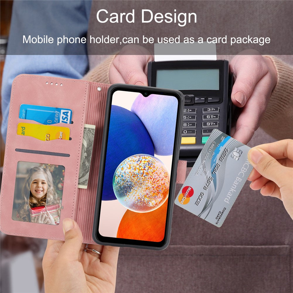 DIERFENG DF-03 For Samsung Galaxy M14 5G Wallet Phone Case Lines Imprinted Leather Flip Cover with Stand - Pink