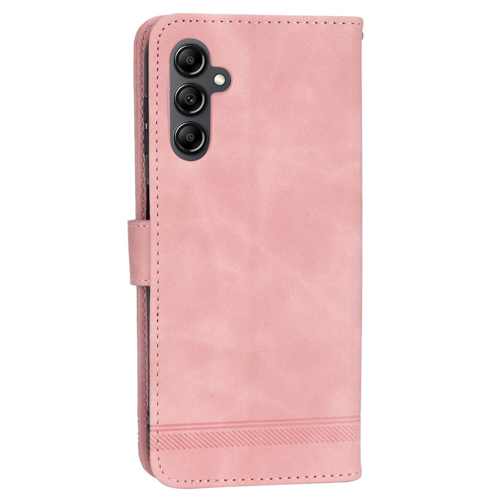 DIERFENG DF-03 For Samsung Galaxy M14 5G Wallet Phone Case Lines Imprinted Leather Flip Cover with Stand - Pink