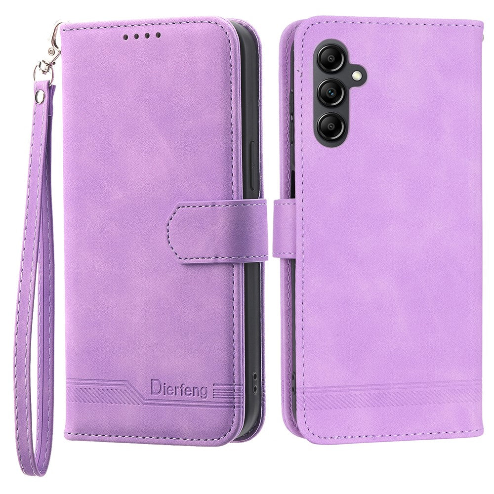 DIERFENG DF-03 For Samsung Galaxy M14 5G Wallet Phone Case Lines Imprinted Leather Flip Cover with Stand - Purple