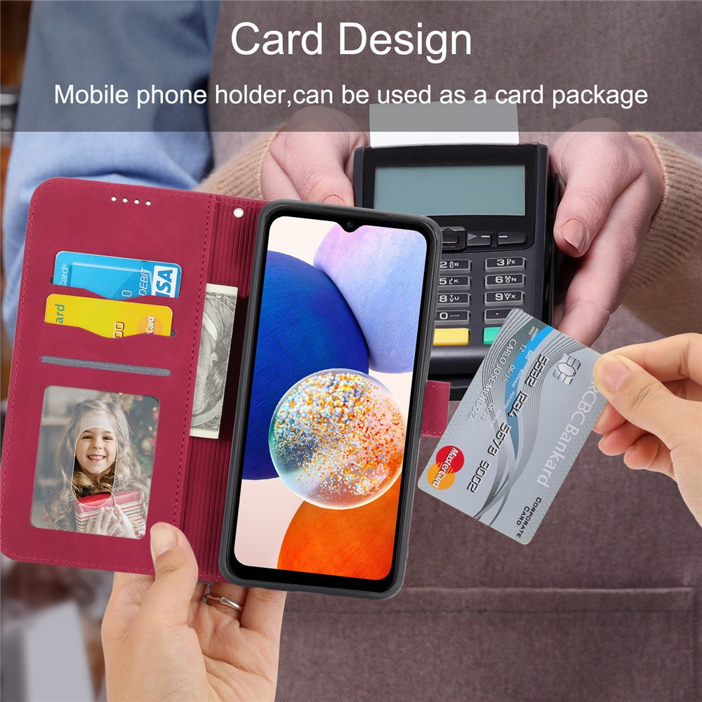 DIERFENG DF-03 For Samsung Galaxy M14 5G Wallet Phone Case Lines Imprinted Leather Flip Cover with Stand - Red