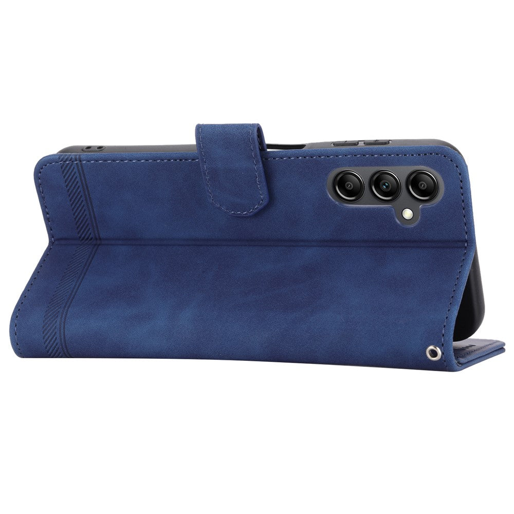 DIERFENG DF-03 For Samsung Galaxy M14 5G Wallet Phone Case Lines Imprinted Leather Flip Cover with Stand - Blue