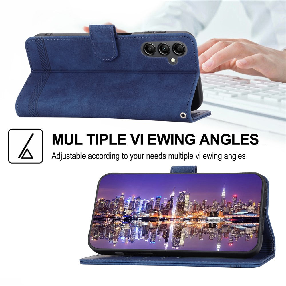 DIERFENG DF-03 For Samsung Galaxy M14 5G Wallet Phone Case Lines Imprinted Leather Flip Cover with Stand - Blue