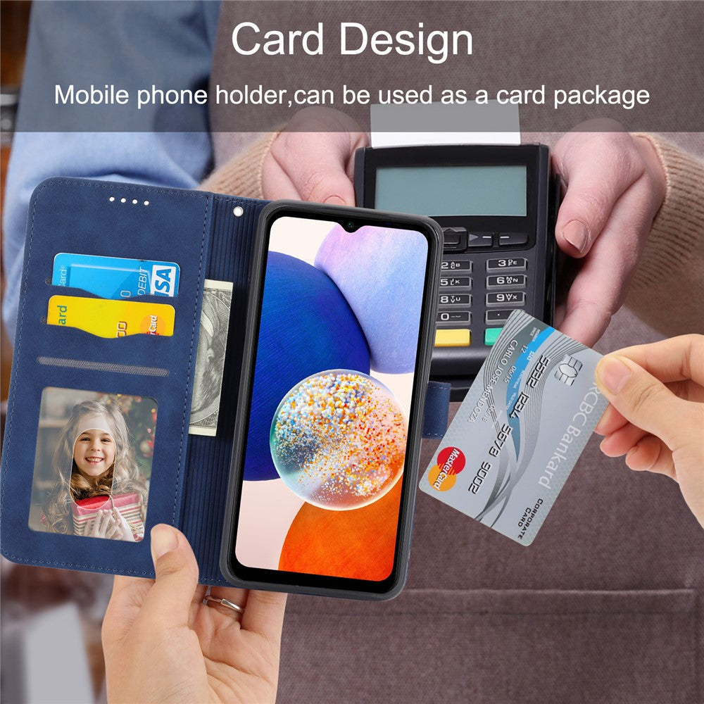 DIERFENG DF-03 For Samsung Galaxy M14 5G Wallet Phone Case Lines Imprinted Leather Flip Cover with Stand - Blue
