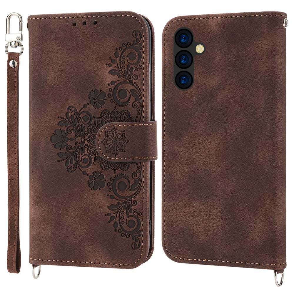 Wallet Phone Case for Samsung Galaxy M14 5G Imprinted Flower Skin-Touch Leather Cover with Strap - Brown