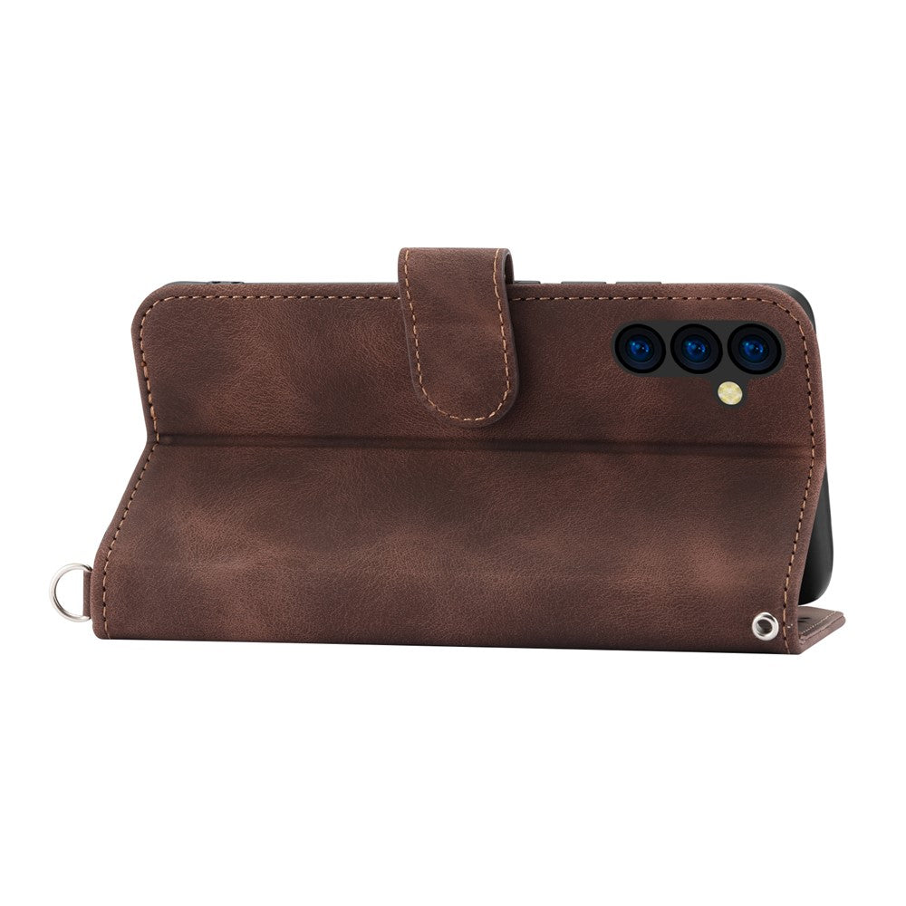 Wallet Phone Case for Samsung Galaxy M14 5G Imprinted Flower Skin-Touch Leather Cover with Strap - Brown