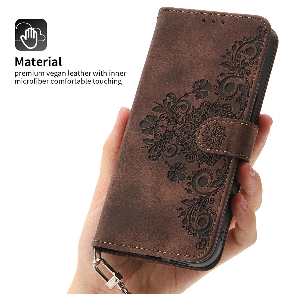 Wallet Phone Case for Samsung Galaxy M14 5G Imprinted Flower Skin-Touch Leather Cover with Strap - Brown