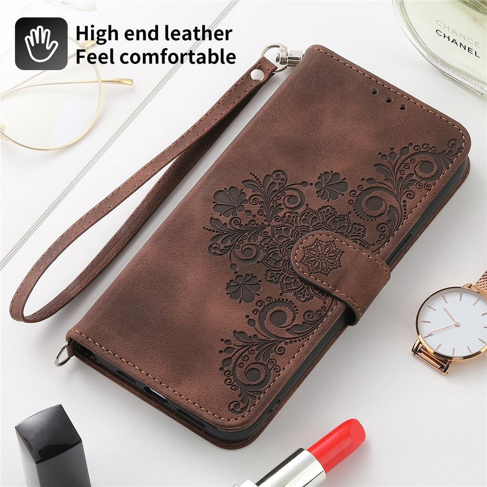 Wallet Phone Case for Samsung Galaxy M14 5G Imprinted Flower Skin-Touch Leather Cover with Strap - Brown