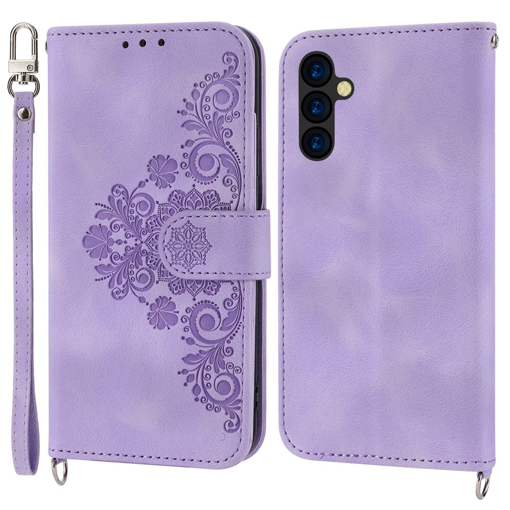 Wallet Phone Case for Samsung Galaxy M14 5G Imprinted Flower Skin-Touch Leather Cover with Strap - Light Purple