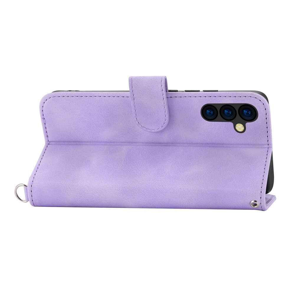 Wallet Phone Case for Samsung Galaxy M14 5G Imprinted Flower Skin-Touch Leather Cover with Strap - Light Purple