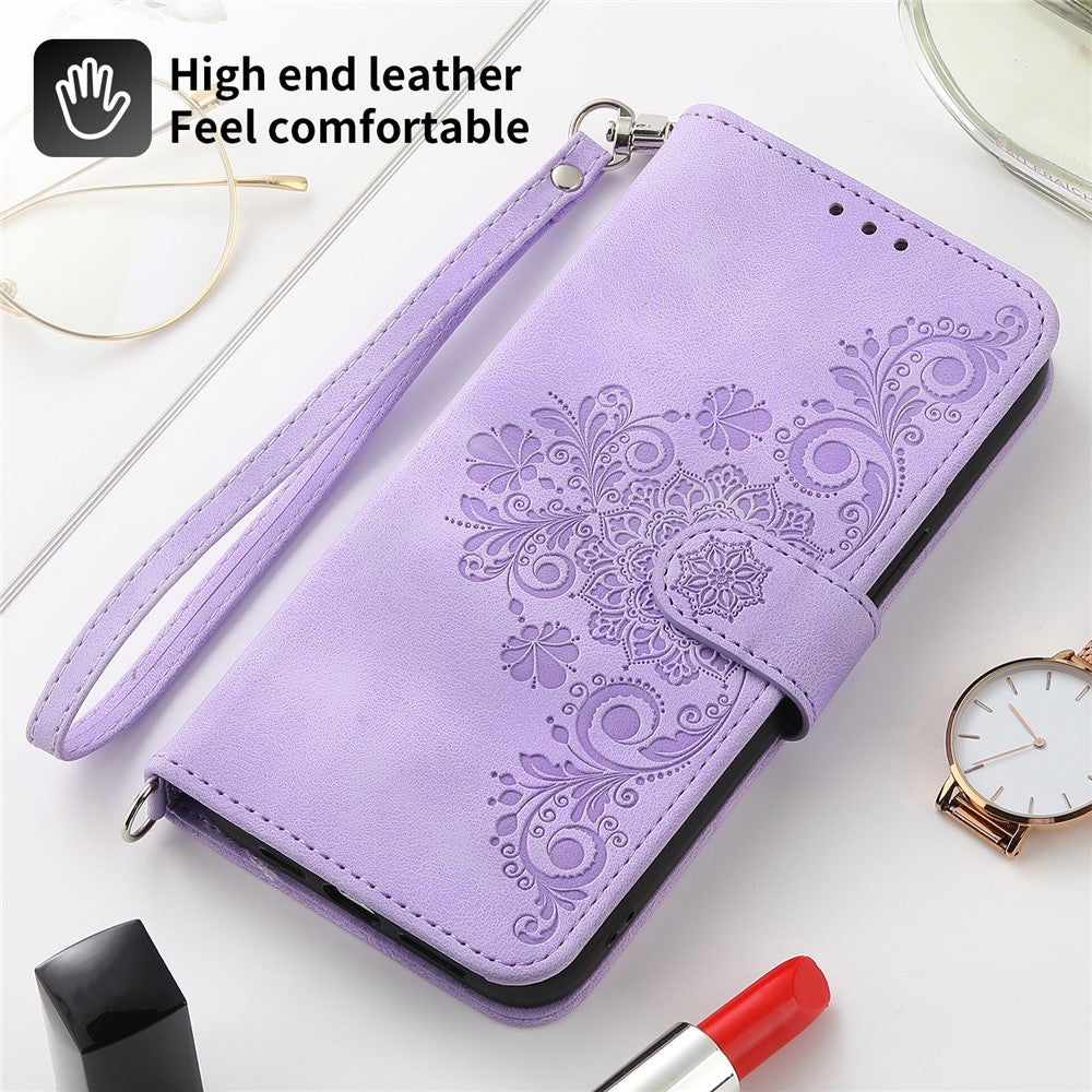 Wallet Phone Case for Samsung Galaxy M14 5G Imprinted Flower Skin-Touch Leather Cover with Strap - Light Purple