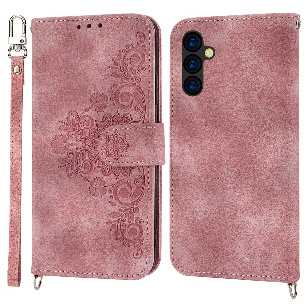 Wallet Phone Case for Samsung Galaxy M14 5G Imprinted Flower Skin-Touch Leather Cover with Strap - Pink