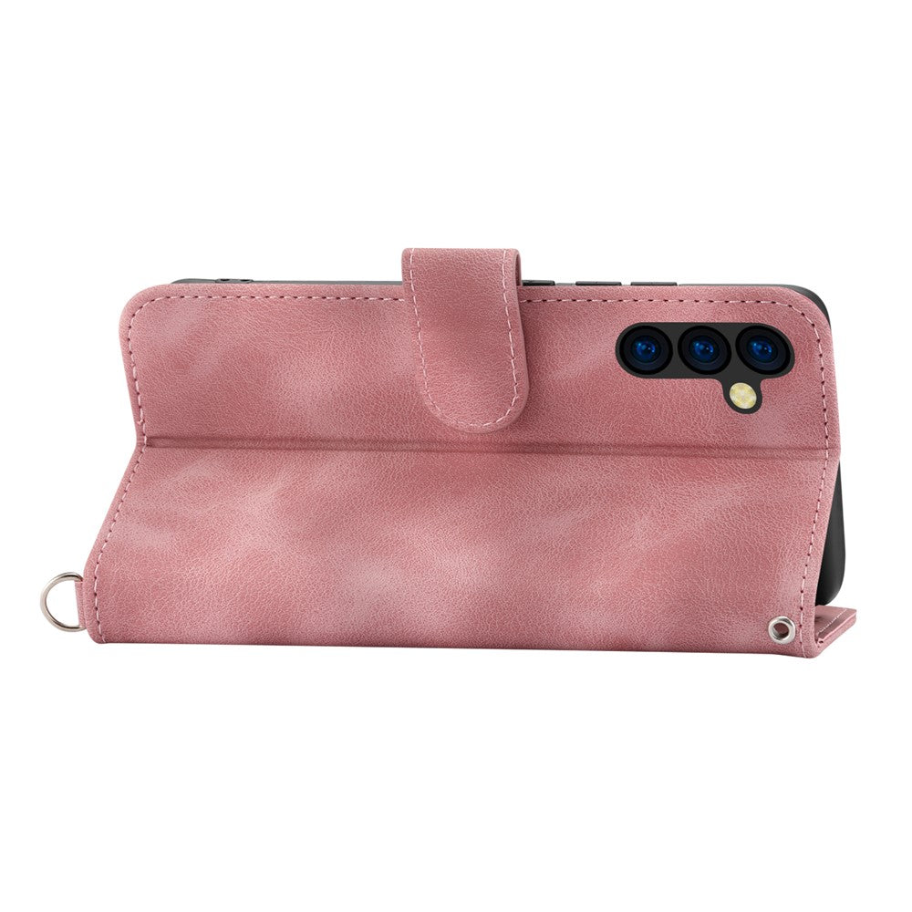 Wallet Phone Case for Samsung Galaxy M14 5G Imprinted Flower Skin-Touch Leather Cover with Strap - Pink
