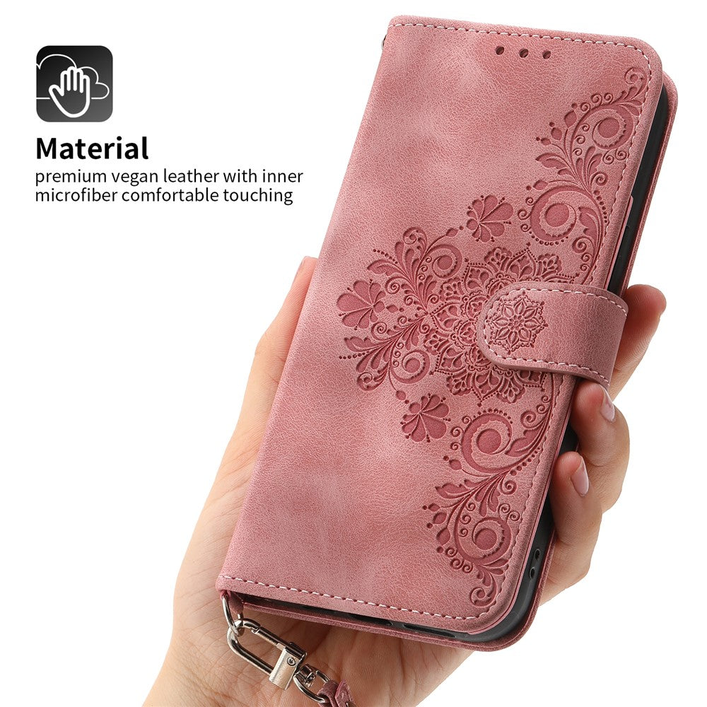Wallet Phone Case for Samsung Galaxy M14 5G Imprinted Flower Skin-Touch Leather Cover with Strap - Pink