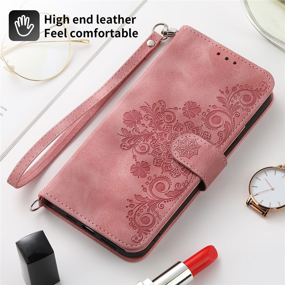 Wallet Phone Case for Samsung Galaxy M14 5G Imprinted Flower Skin-Touch Leather Cover with Strap - Pink