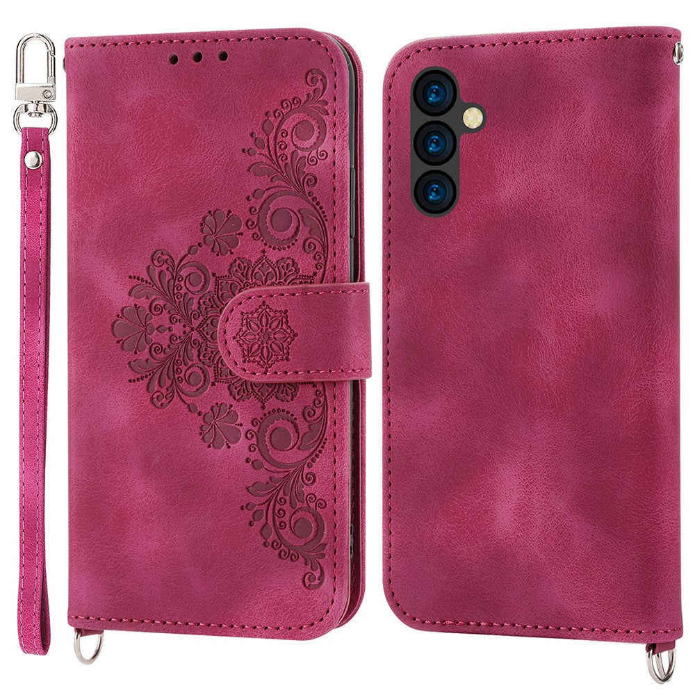 Wallet Phone Case for Samsung Galaxy M14 5G Imprinted Flower Skin-Touch Leather Cover with Strap - Wine Red