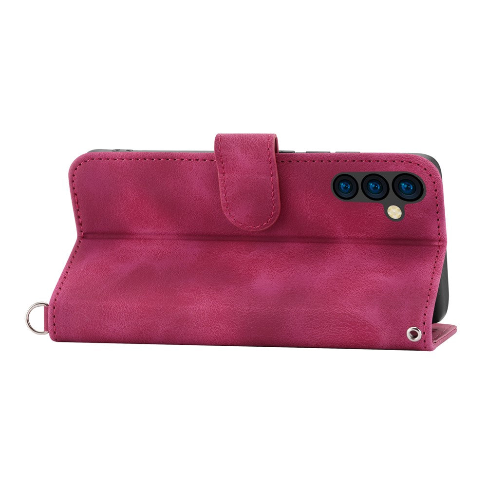 Wallet Phone Case for Samsung Galaxy M14 5G Imprinted Flower Skin-Touch Leather Cover with Strap - Wine Red