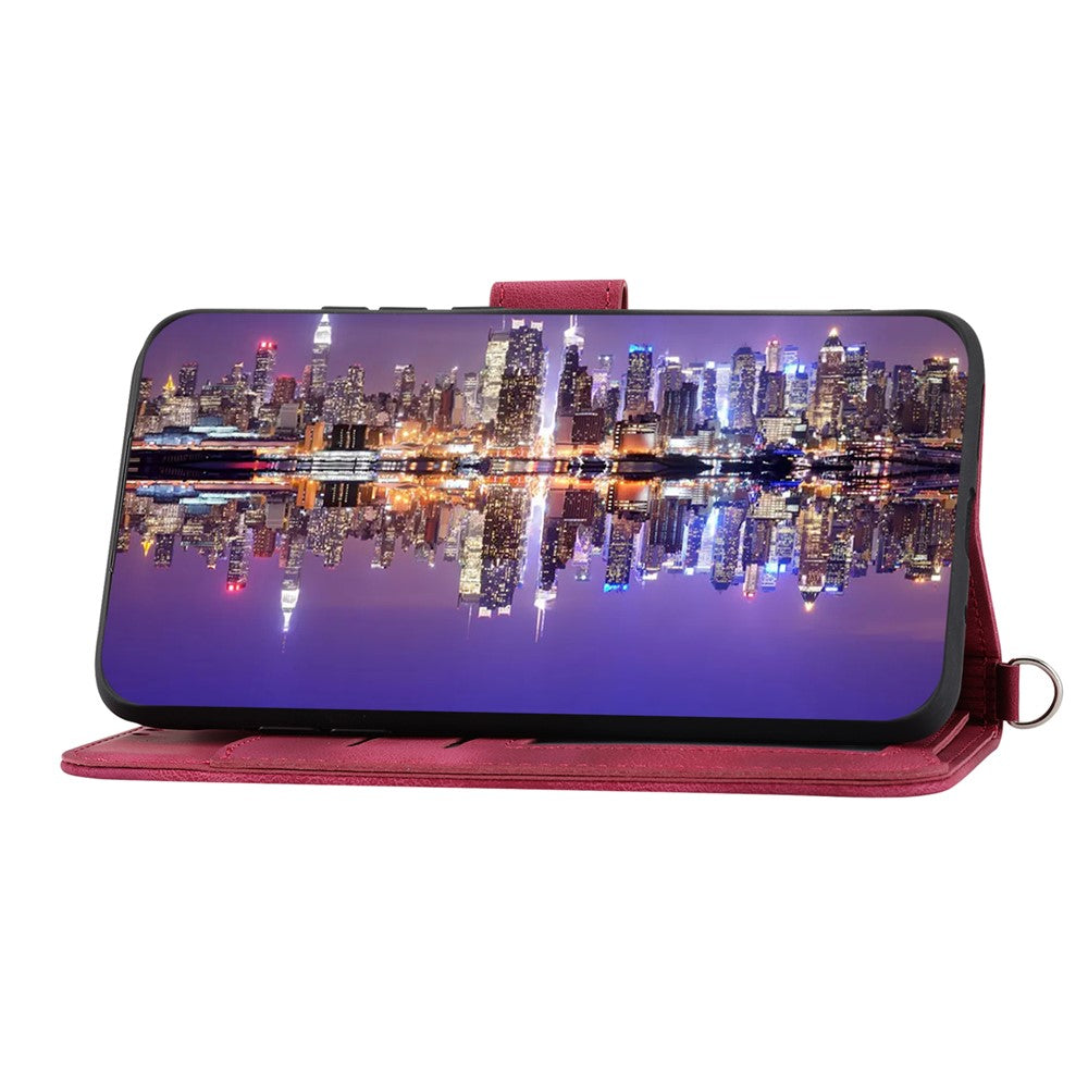 Wallet Phone Case for Samsung Galaxy M14 5G Imprinted Flower Skin-Touch Leather Cover with Strap - Wine Red