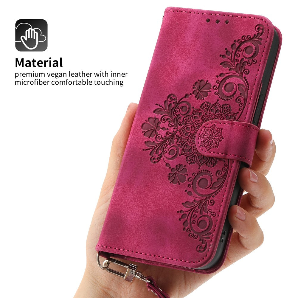 Wallet Phone Case for Samsung Galaxy M14 5G Imprinted Flower Skin-Touch Leather Cover with Strap - Wine Red