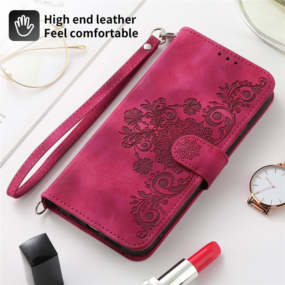 Wallet Phone Case for Samsung Galaxy M14 5G Imprinted Flower Skin-Touch Leather Cover with Strap - Wine Red