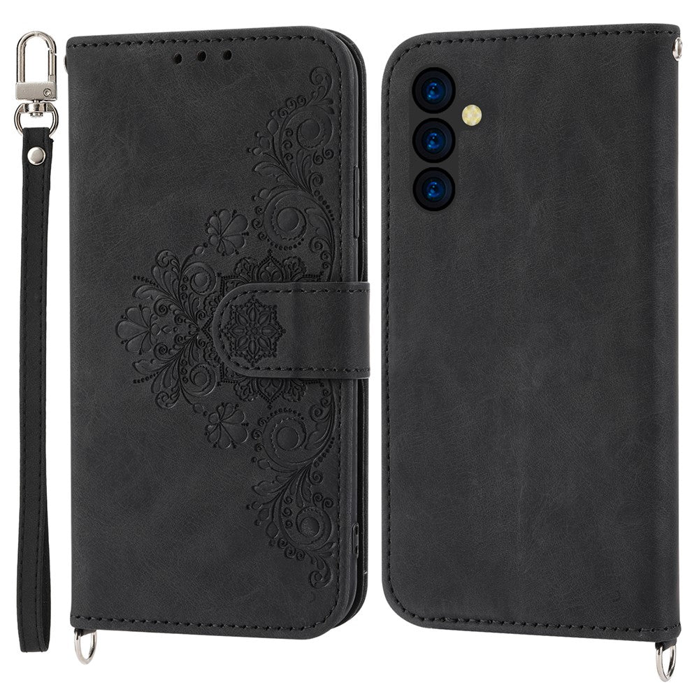 Wallet Phone Case for Samsung Galaxy M14 5G Imprinted Flower Skin-Touch Leather Cover with Strap - Black