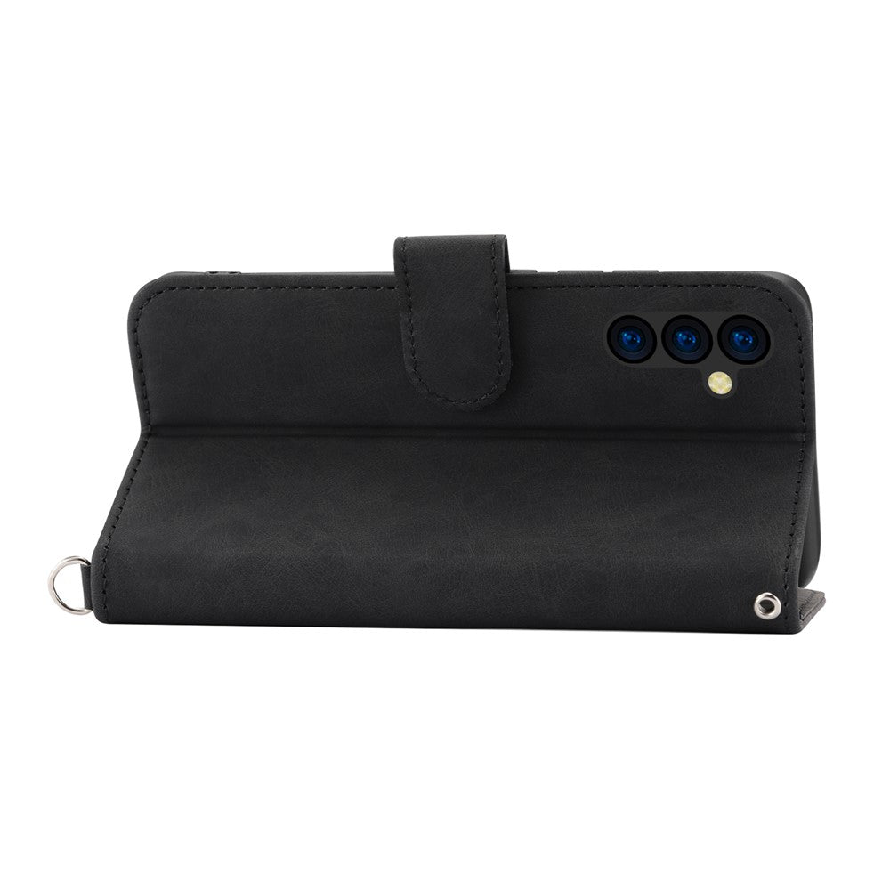 Wallet Phone Case for Samsung Galaxy M14 5G Imprinted Flower Skin-Touch Leather Cover with Strap - Black