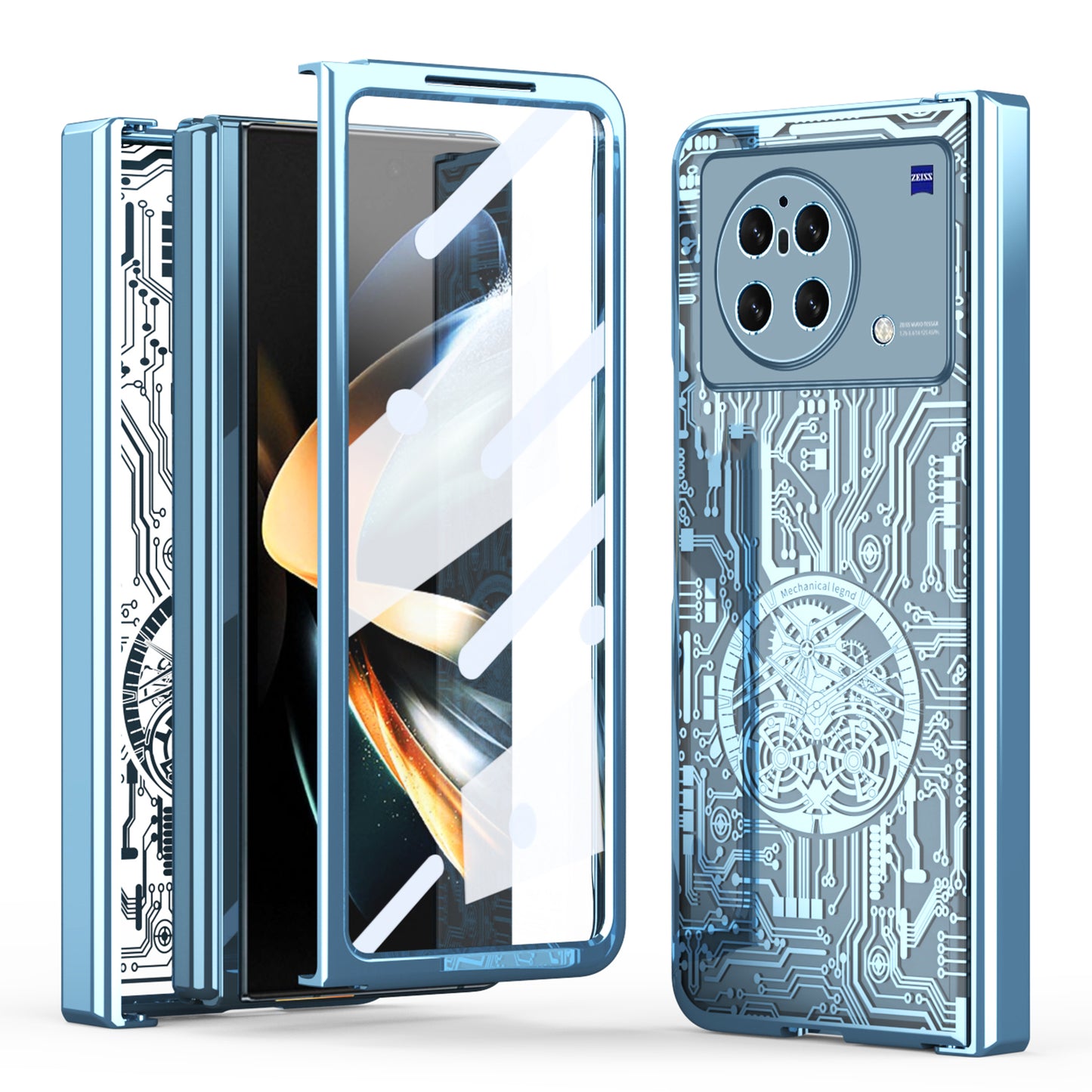 PC Cover for vivo X Fold Mechanical Legend Series Electroplating Folding Phone Case with Tempered Glass Film - Blue