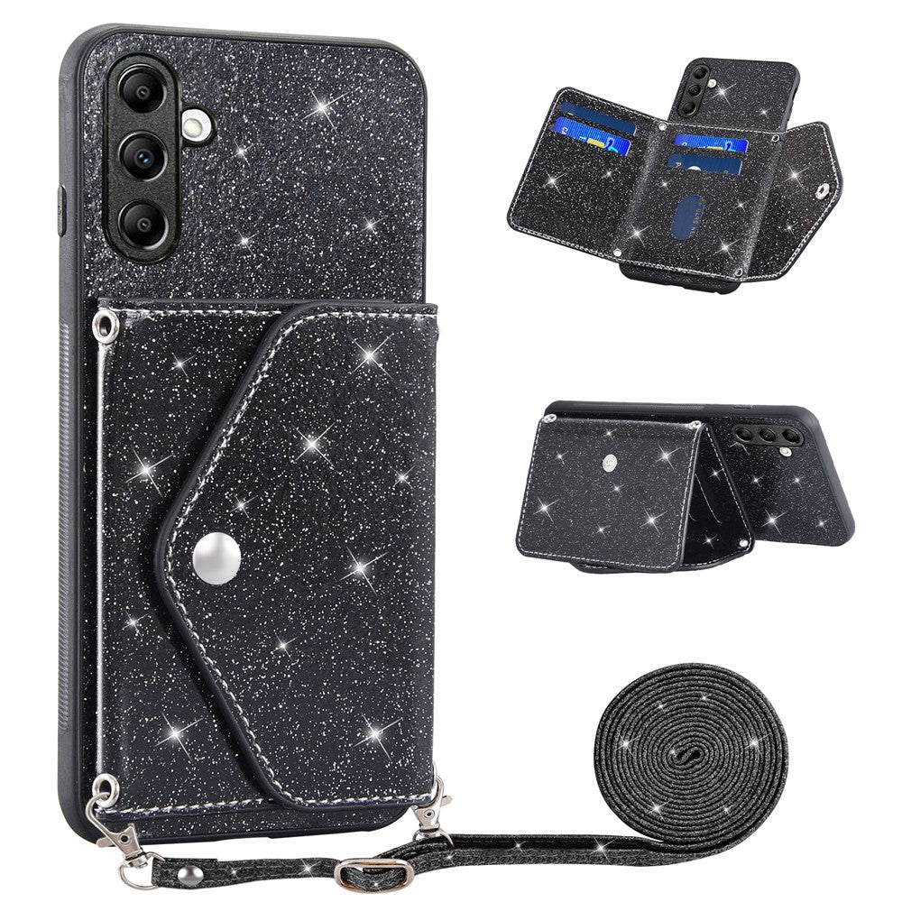 For Samsung Galaxy M13 4G / M23 5G / F23 5G Card Holder Phone Case Triangle Kickstand PU Leather+TPU Glittery Powder Shell - Black