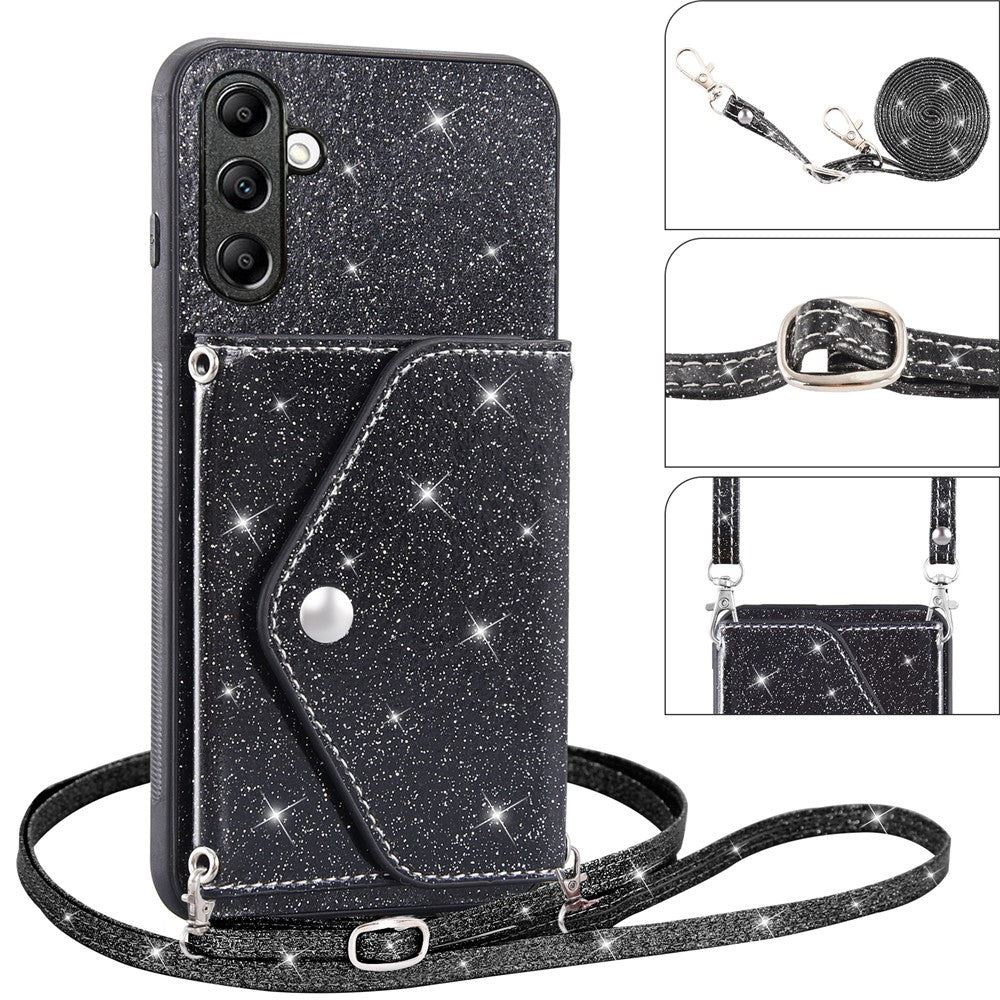 For Samsung Galaxy M13 4G / M23 5G / F23 5G Card Holder Phone Case Triangle Kickstand PU Leather+TPU Glittery Powder Shell - Black