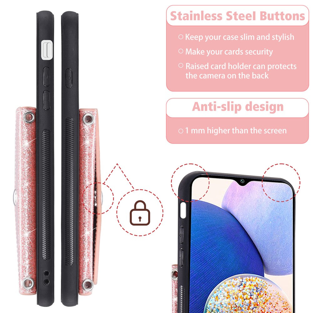 For Samsung Galaxy M13 4G / M23 5G / F23 5G Card Holder Phone Case Triangle Kickstand PU Leather+TPU Glittery Powder Shell - Pink