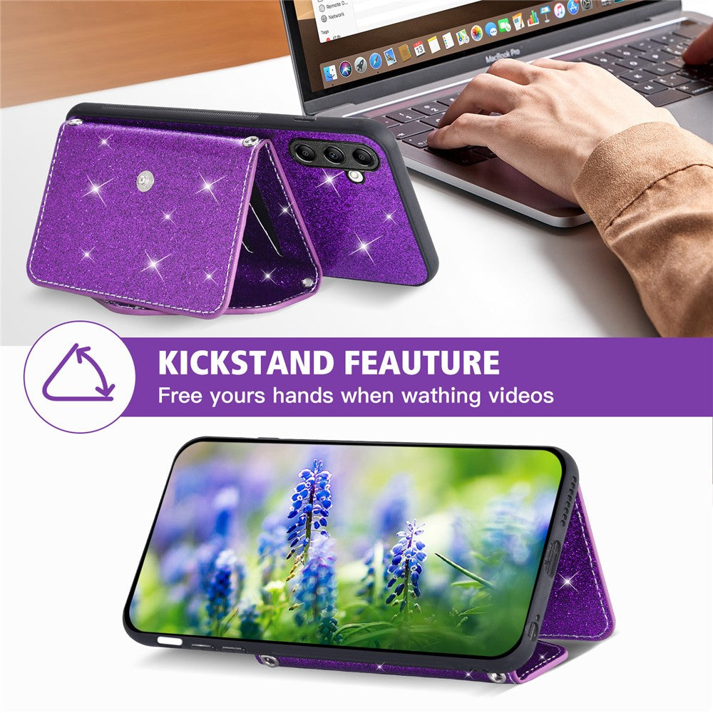 For Samsung Galaxy M13 4G / M23 5G / F23 5G Card Holder Phone Case Triangle Kickstand PU Leather+TPU Glittery Powder Shell - Purple