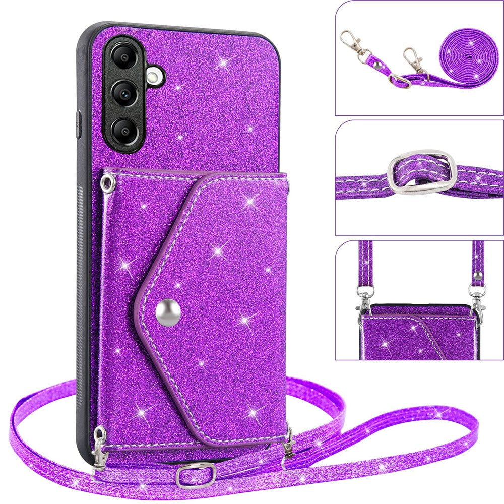 For Samsung Galaxy M13 4G / M23 5G / F23 5G Card Holder Phone Case Triangle Kickstand PU Leather+TPU Glittery Powder Shell - Purple