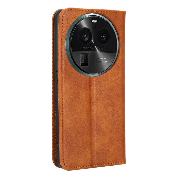 Stand Shell for Oppo Find X6 Pro PU Leather Magnetic Retro Phone Cover Cell Phone Wallet Case - Brown