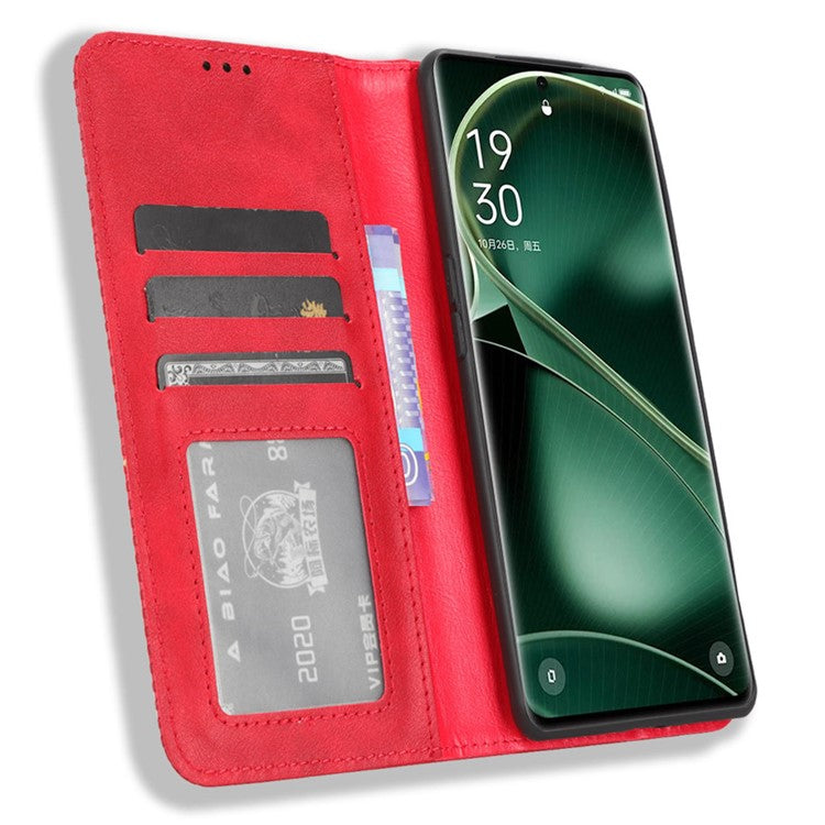 Stand Shell for Oppo Find X6 Pro PU Leather Magnetic Retro Phone Cover Cell Phone Wallet Case - Red