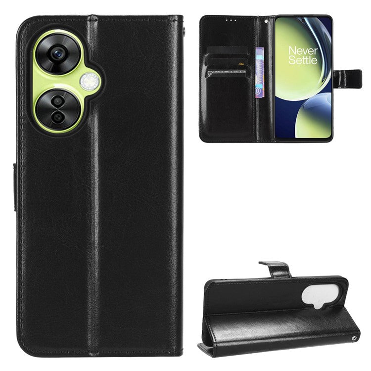 For OnePlus Nord CE 3 Lite 5G / Nord N30 5G Phone Leather Case Wallet Stand Crazy Horse Texture Phone Cover - Black