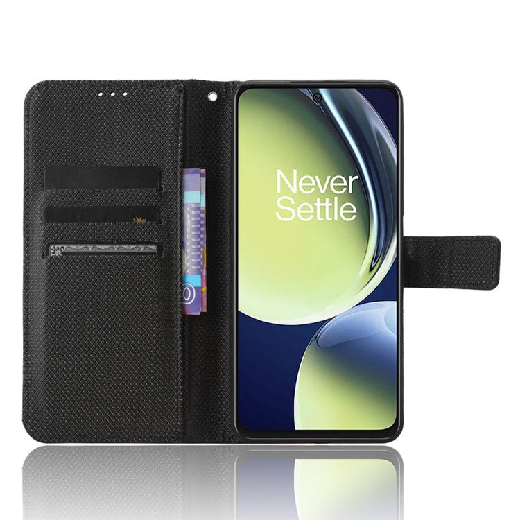 For OnePlus Nord CE 3 Lite 5G / Nord N30 5G Phone Case Wallet Stand Diamond Texture Phone Leather Cover - Black