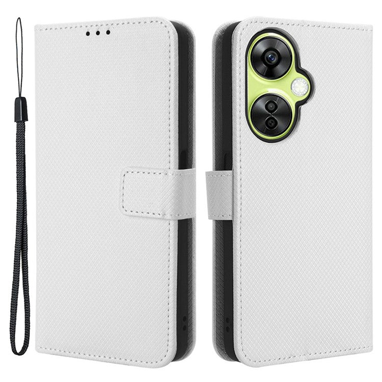For OnePlus Nord CE 3 Lite 5G / Nord N30 5G Phone Case Wallet Stand Diamond Texture Phone Leather Cover - White