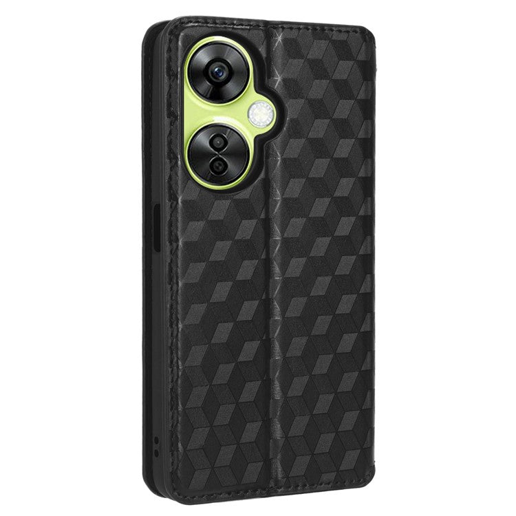 For OnePlus Nord CE 3 Lite 5G / Nord N30 5G Leather Phone Cover Stand Imprinted Rhombus Pattern Phone Wallet Case - Black