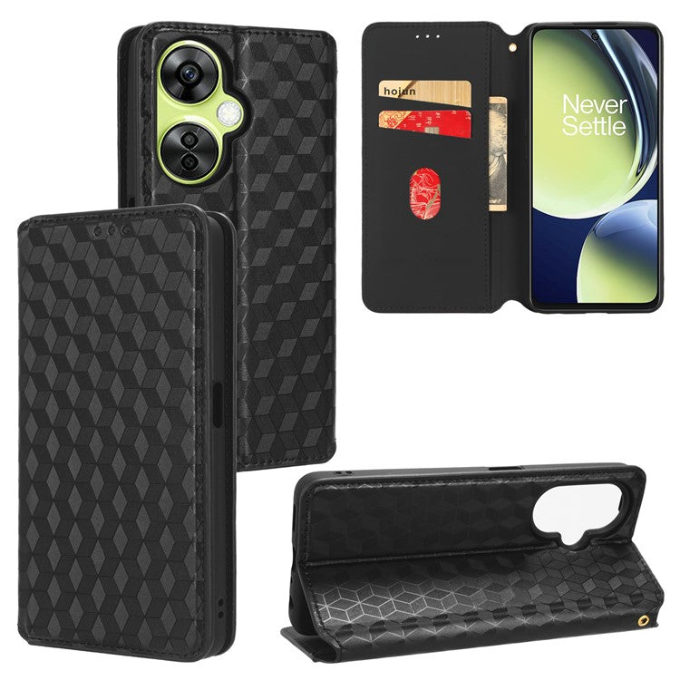 For OnePlus Nord CE 3 Lite 5G / Nord N30 5G Leather Phone Cover Stand Imprinted Rhombus Pattern Phone Wallet Case - Black