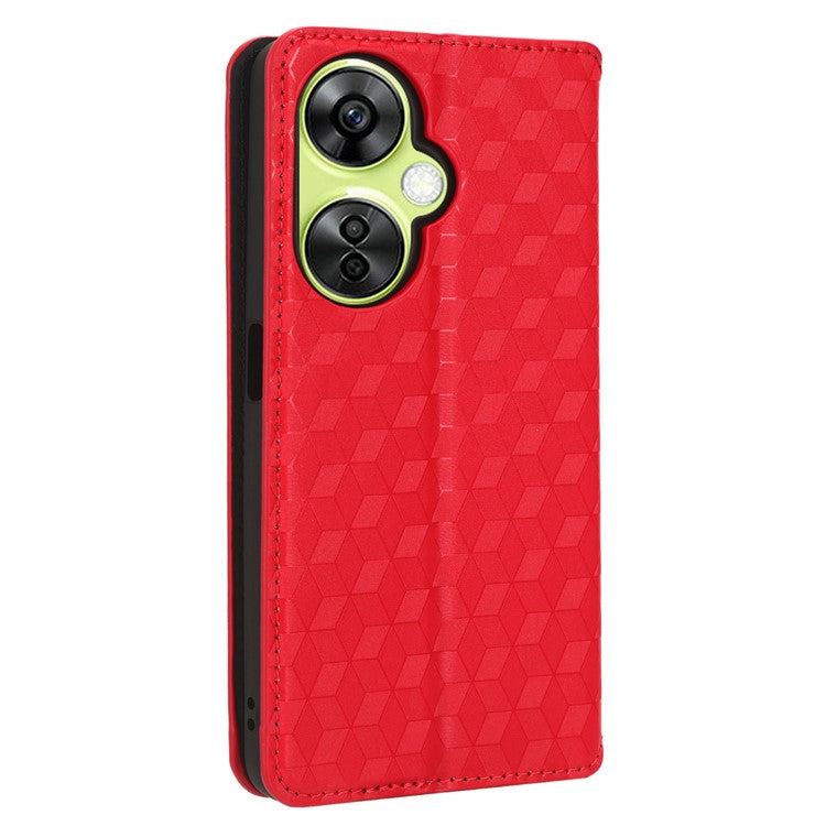 For OnePlus Nord CE 3 Lite 5G / Nord N30 5G Leather Phone Cover Stand Imprinted Rhombus Pattern Phone Wallet Case - Red