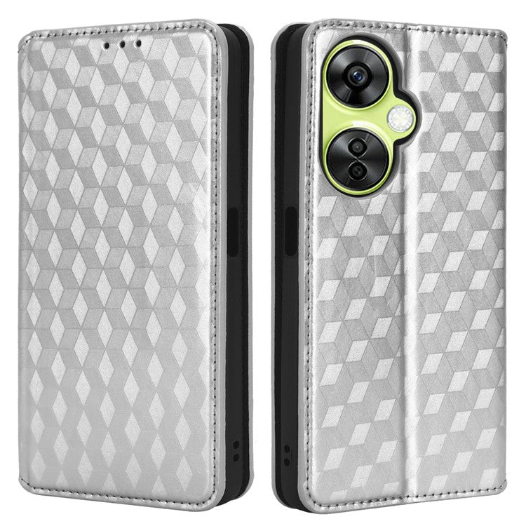 For OnePlus Nord CE 3 Lite 5G / Nord N30 5G Leather Phone Cover Stand Imprinted Rhombus Pattern Phone Wallet Case - Silver
