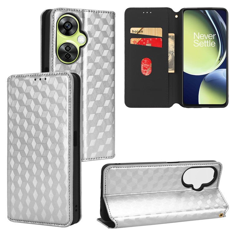 For OnePlus Nord CE 3 Lite 5G / Nord N30 5G Leather Phone Cover Stand Imprinted Rhombus Pattern Phone Wallet Case - Silver