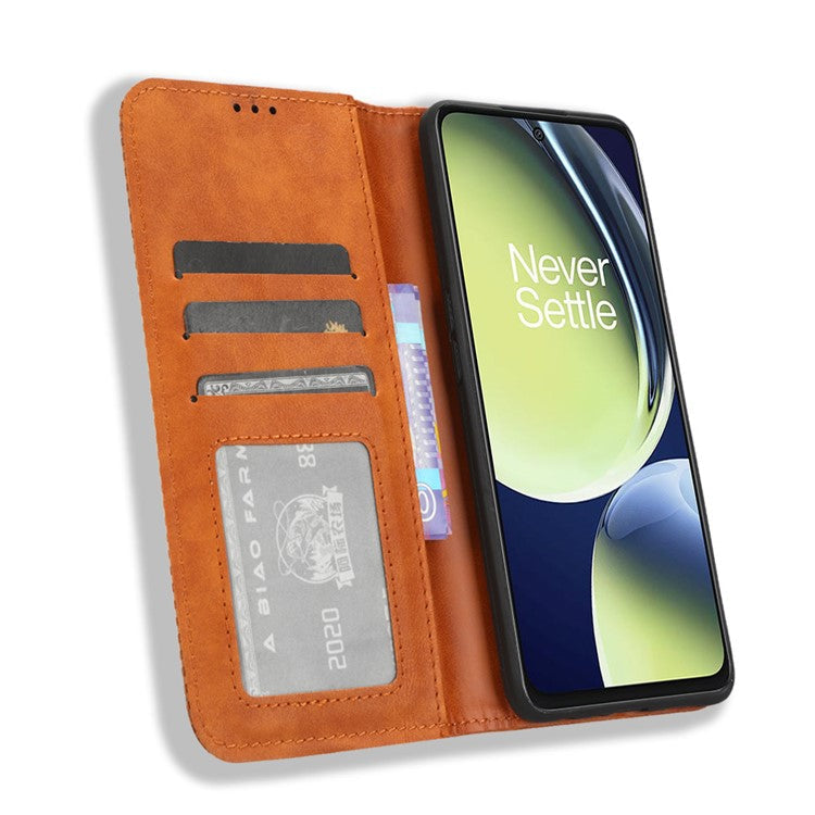 For OnePlus Nord CE 3 Lite 5G / Nord N30 5G Wallet Phone Case Retro PU Leather Mobile Phone Stand Cover - Brown