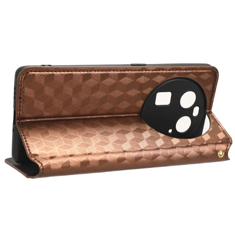Wallet Case for Oppo Find X6 Imprinted Rhombus Pattern PU Leather+TPU Stand Phone Cover - Brown