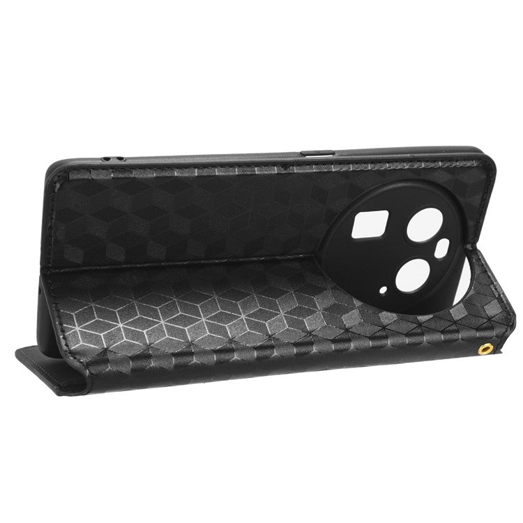 Wallet Case for Oppo Find X6 Imprinted Rhombus Pattern PU Leather+TPU Stand Phone Cover - Black