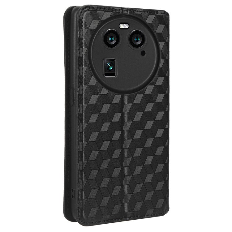 Wallet Case for Oppo Find X6 Imprinted Rhombus Pattern PU Leather+TPU Stand Phone Cover - Black